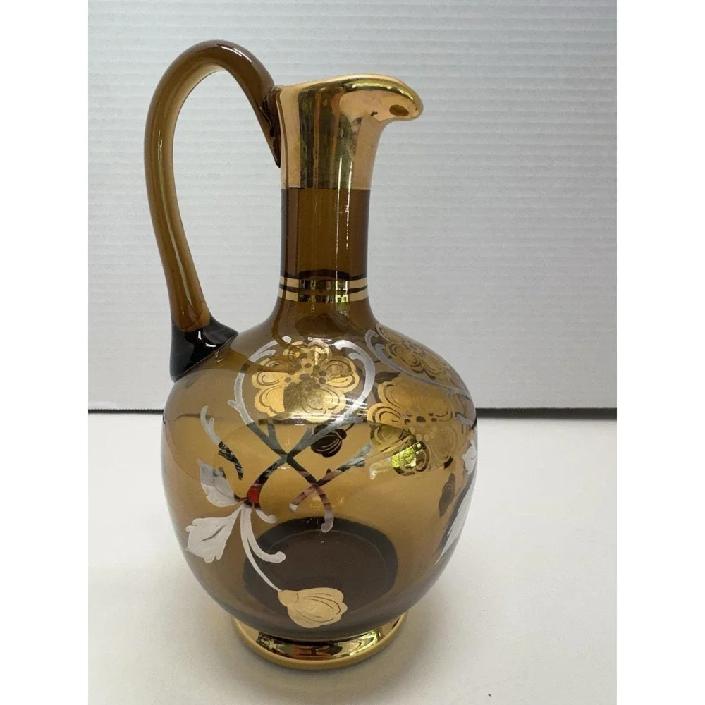 VTG Bohemian Amber Glass Decanter Set Gold Gilt Enamel Flowers 4 Pc Czech NICE